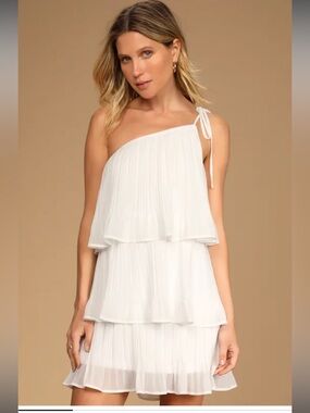 Blowing Kisses White Pleated One-Shoulder Mini Dress